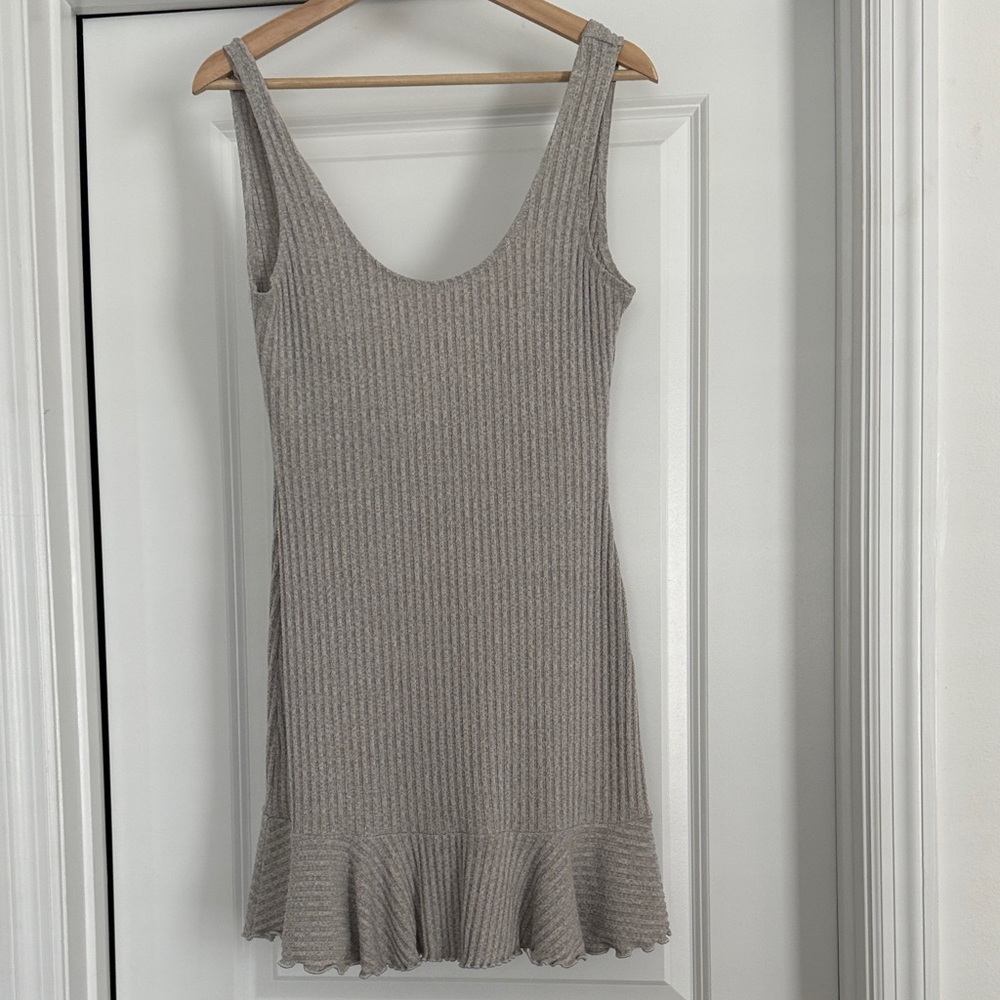 NBD Rib Knit Flounce Hem Dress - Taupe